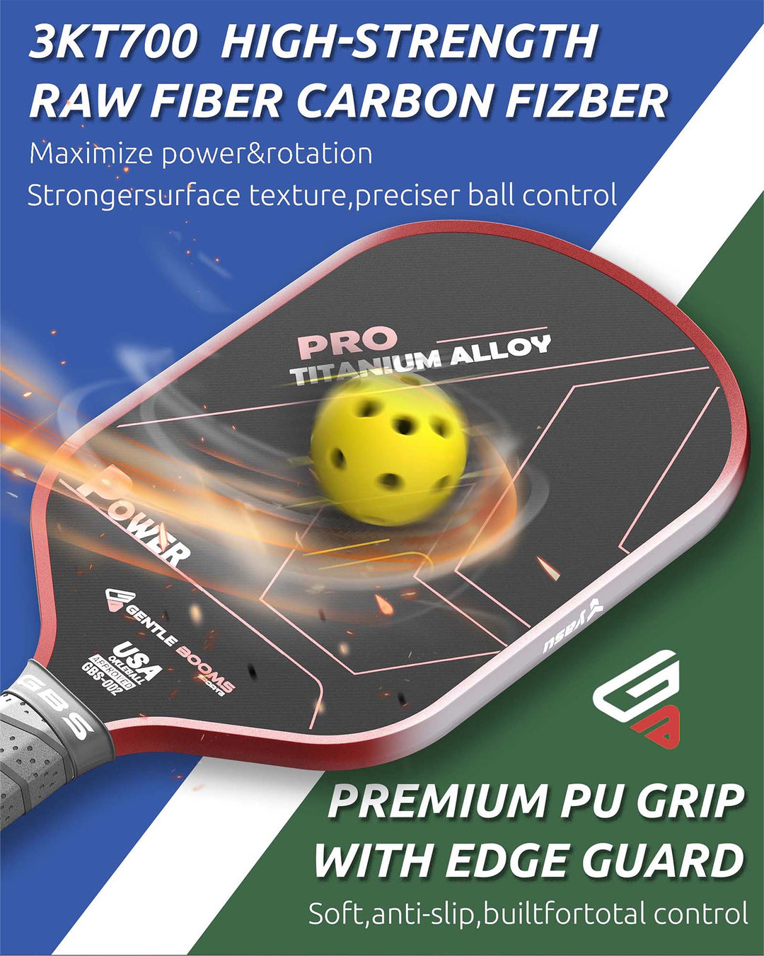 T700 Carbon Fiber Pickleball Paddle (GBS002) with Aerospace - Grade Ultra - Light Nano - Titanium Alloy Core & Face（RED） - GBSPICKLEBALL